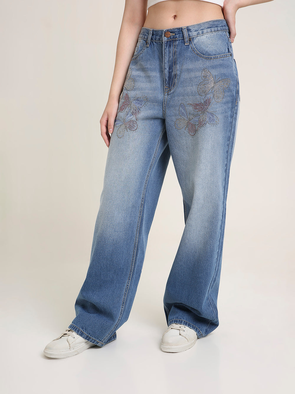 TARAMA Low Waist Wide Leg Jeans with Butterfly Rhinestone Detail