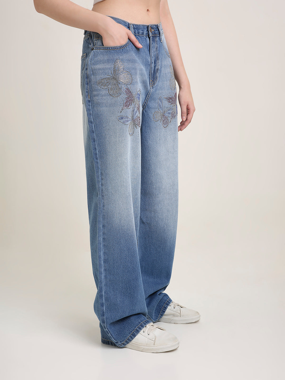 TARAMA Low Waist Wide Leg Jeans with Butterfly Rhinestone Detail