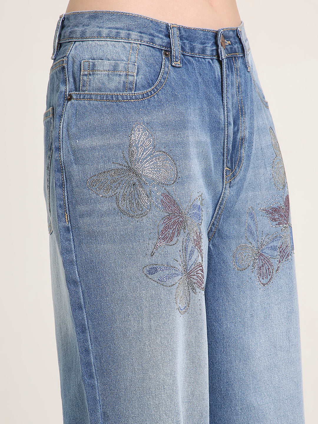 TARAMA Low Waist Wide Leg Jeans with Butterfly Rhinestone Detail