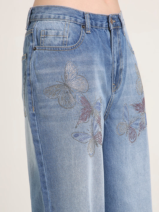TARAMA Low Waist Wide Leg Jeans with Butterfly Rhinestone Detail