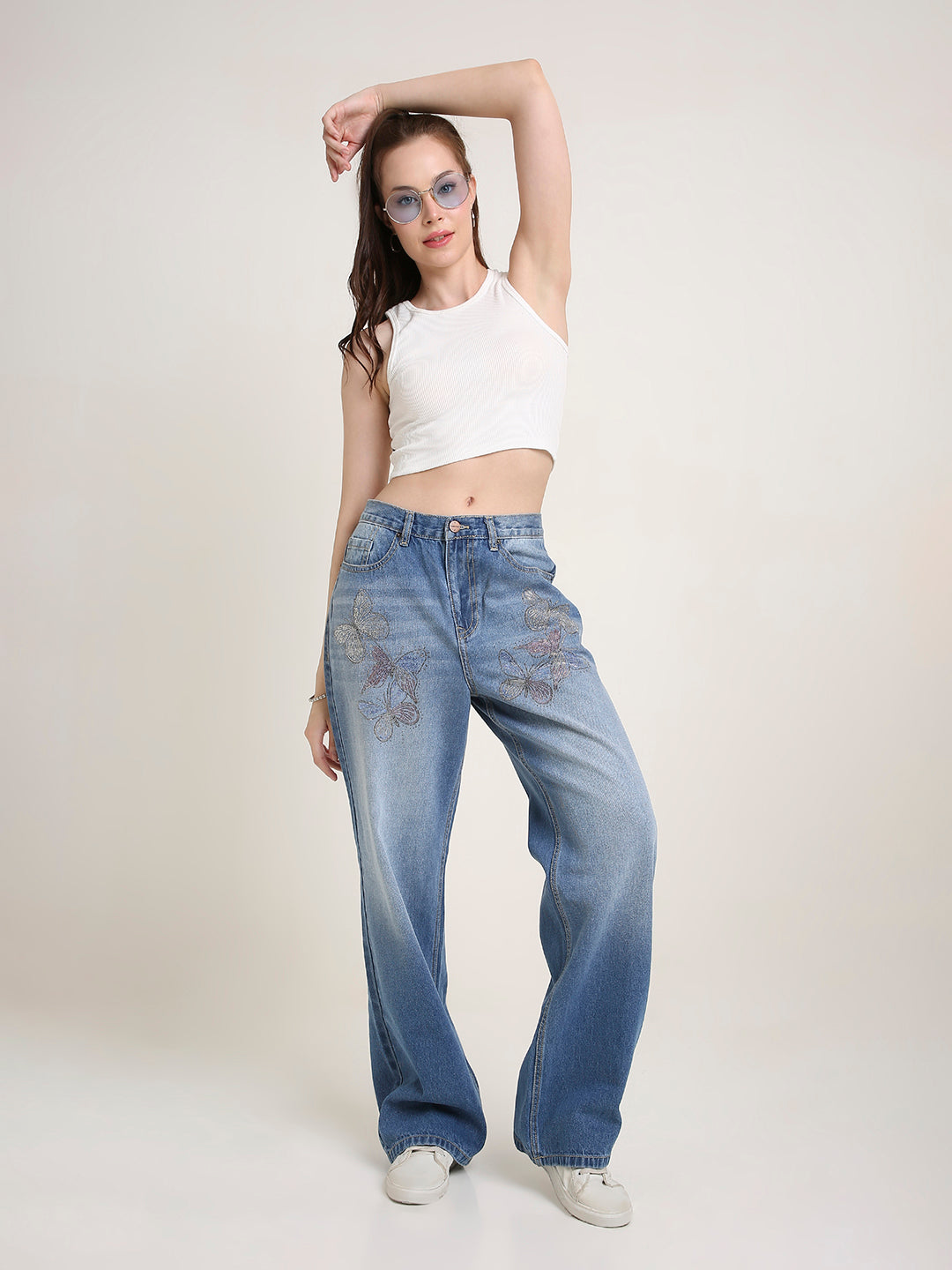 TARAMA Low Waist Wide Leg Jeans with Butterfly Rhinestone Detail