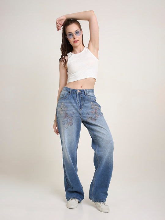 TARAMA Low Waist Wide Leg Jeans with Butterfly Rhinestone Detail
