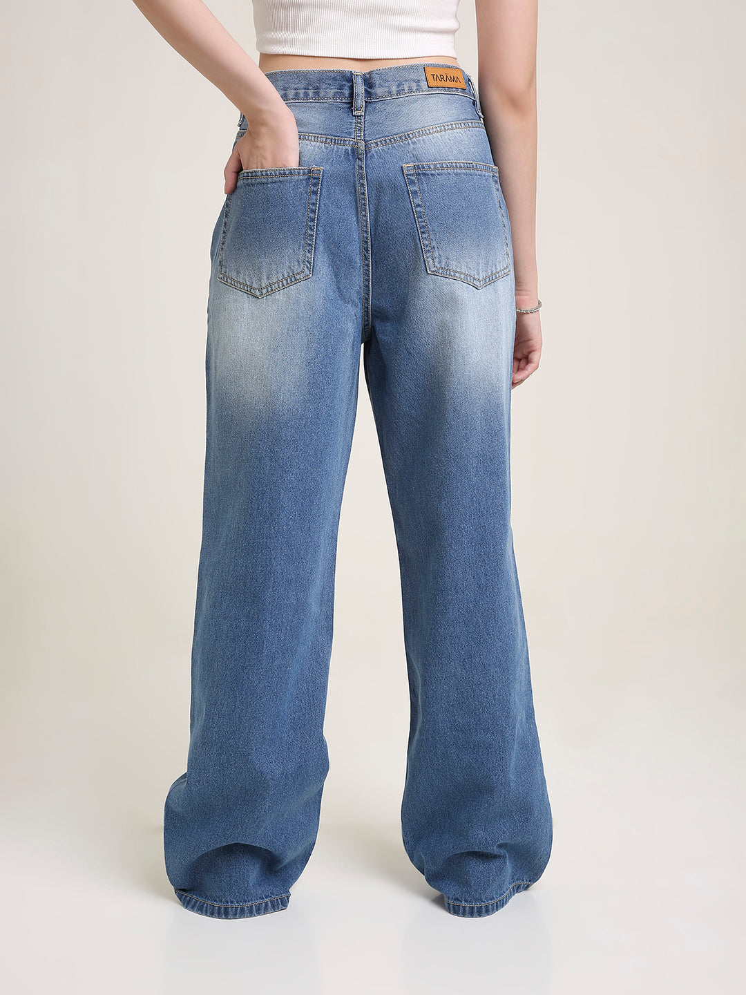 TARAMA Low Waist Wide Leg Jeans with Butterfly Rhinestone Detail