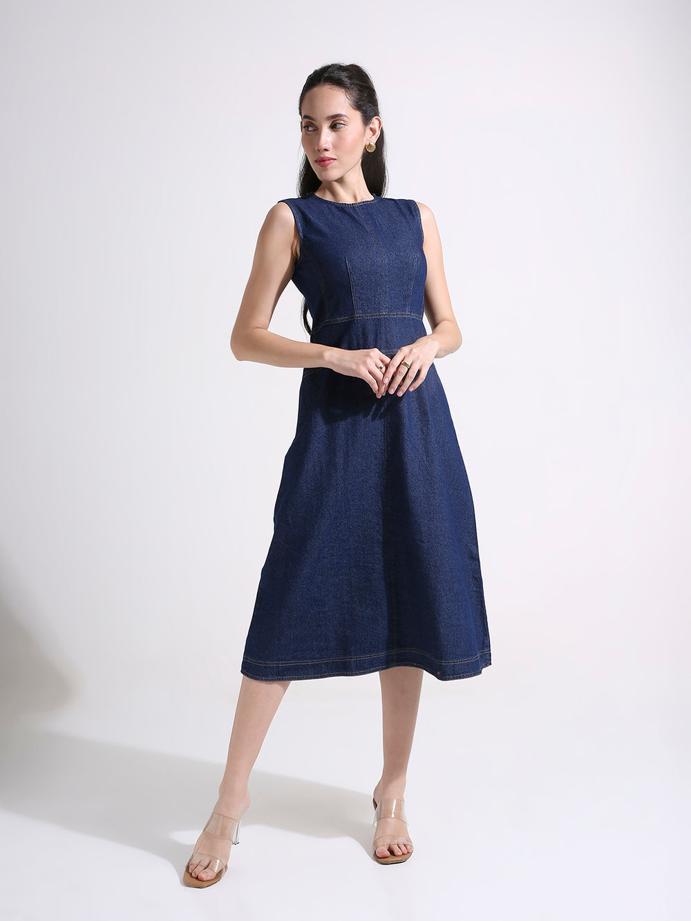 Denim A-Line Midi Dress with Panelled Waist & Contrast Stitching