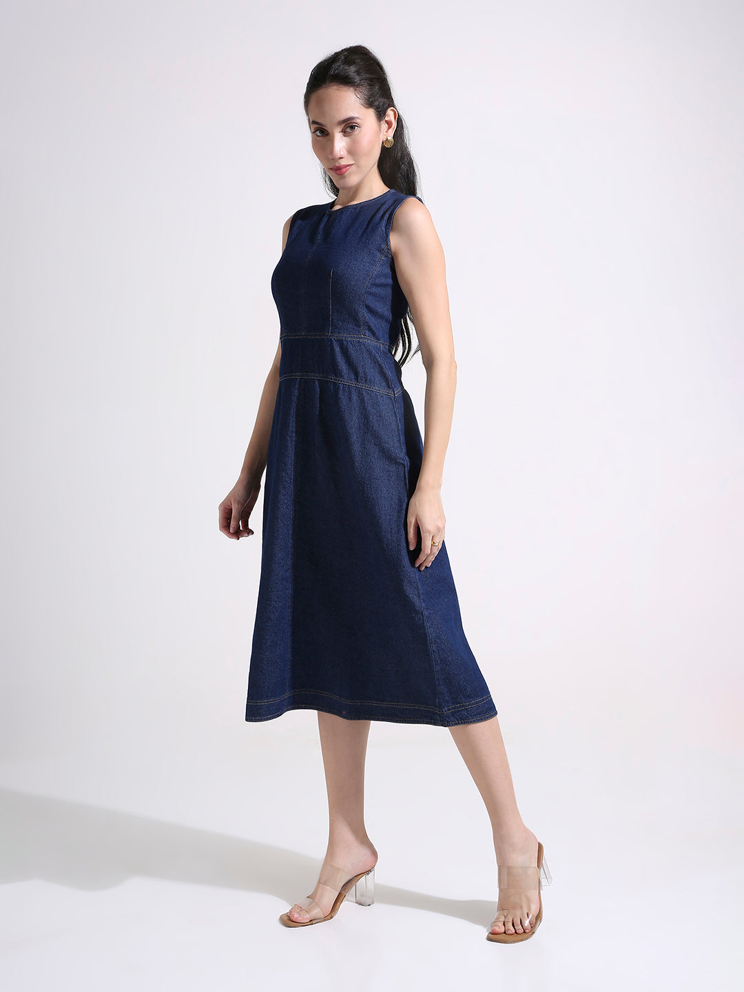 Denim A-Line Midi Dress with Panelled Waist & Contrast Stitching