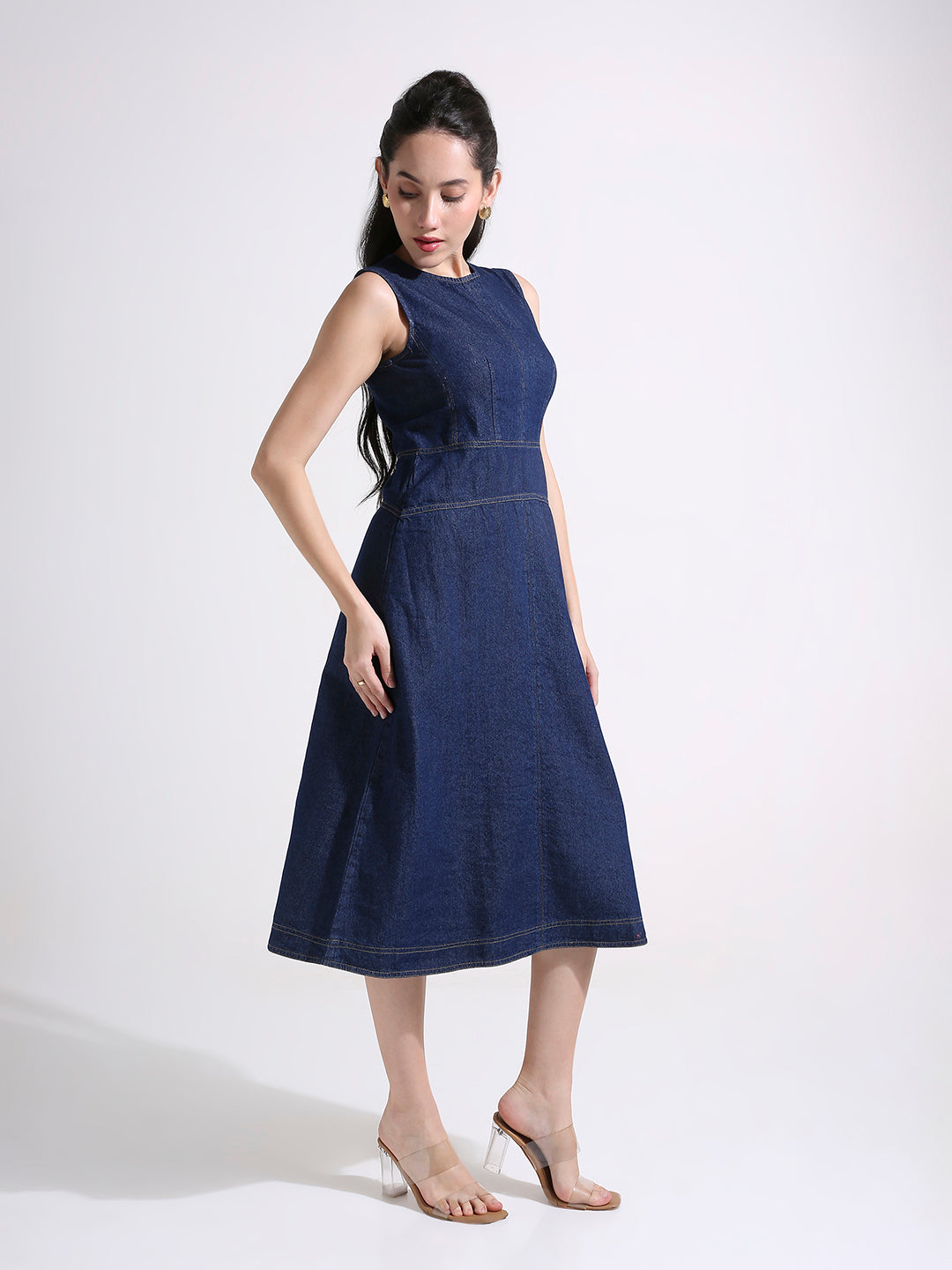 Denim A-Line Midi Dress with Panelled Waist & Contrast Stitching