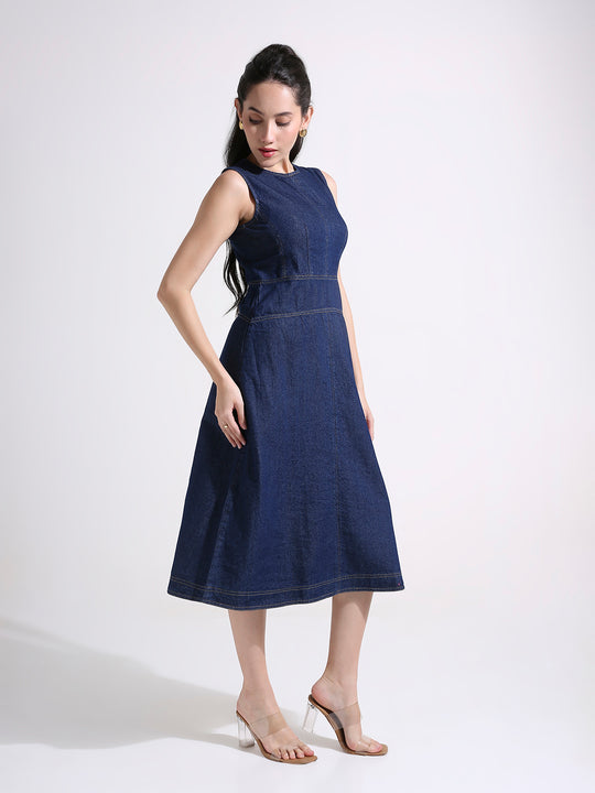Denim A-Line Midi Dress with Panelled Waist & Contrast Stitching