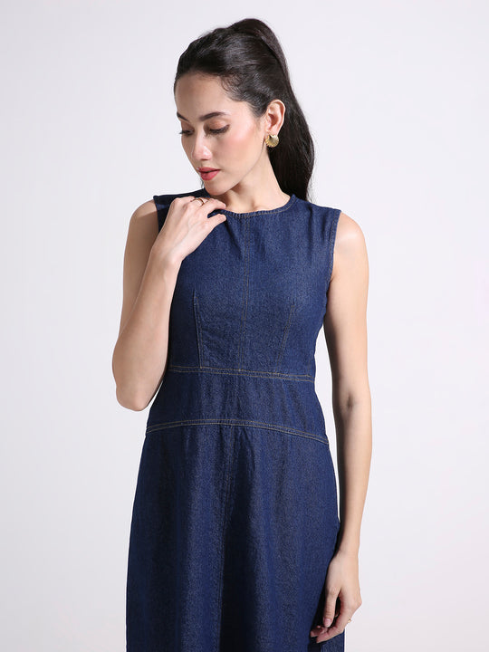 Denim A-Line Midi Dress with Panelled Waist & Contrast Stitching