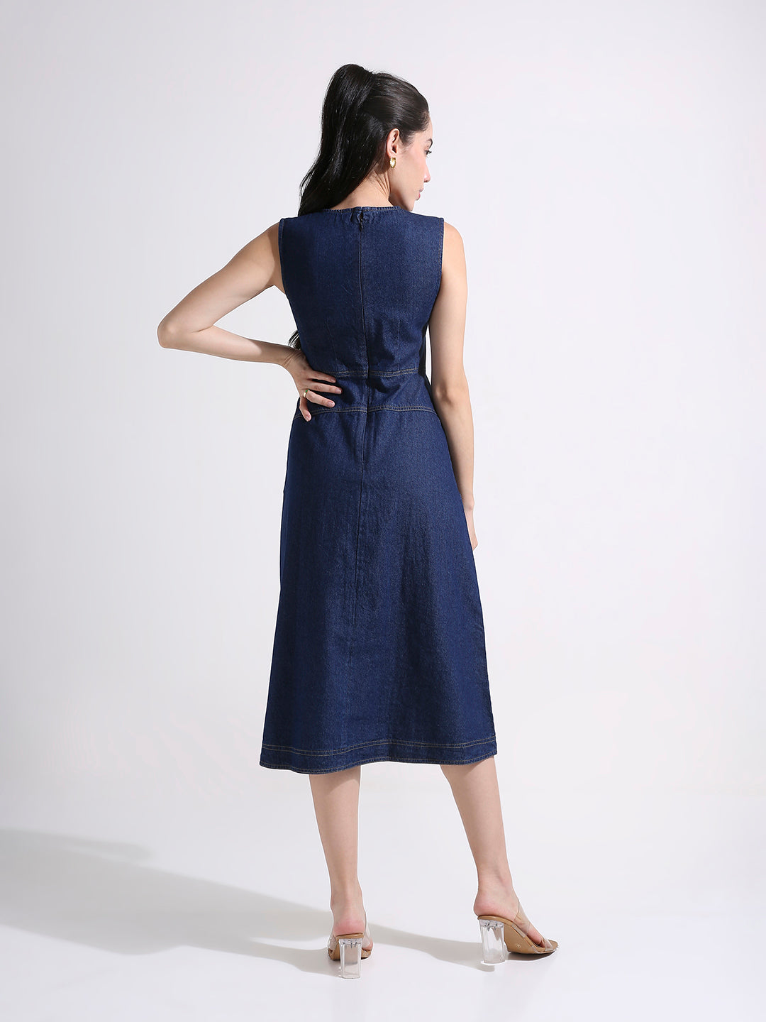 Denim A-Line Midi Dress with Panelled Waist & Contrast Stitching