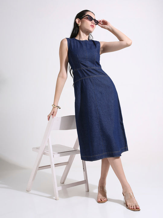 Denim A-Line Midi Dress with Panelled Waist & Contrast Stitching