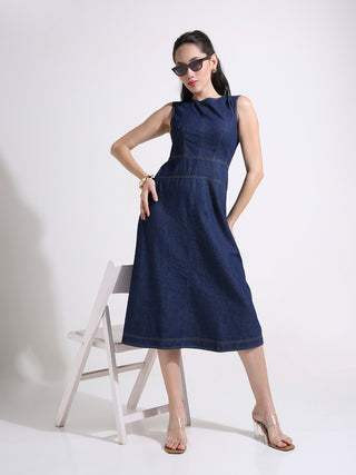Denim A-Line Midi Dress with Panelled Waist & Contrast Stitching