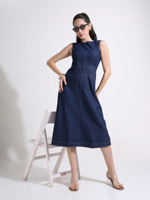 Denim A-Line Midi Dress with Panelled Waist & Contrast Stitching