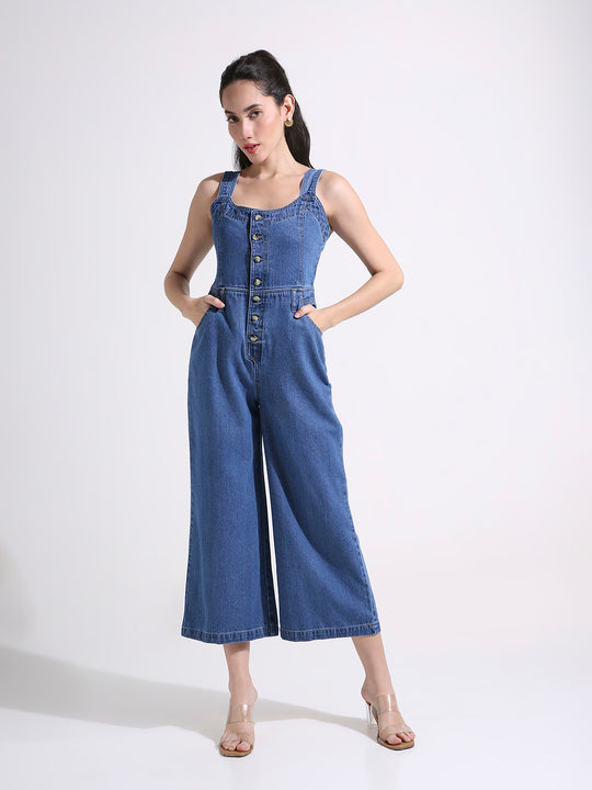 Blue Denim Wide Leg Jumpsuit