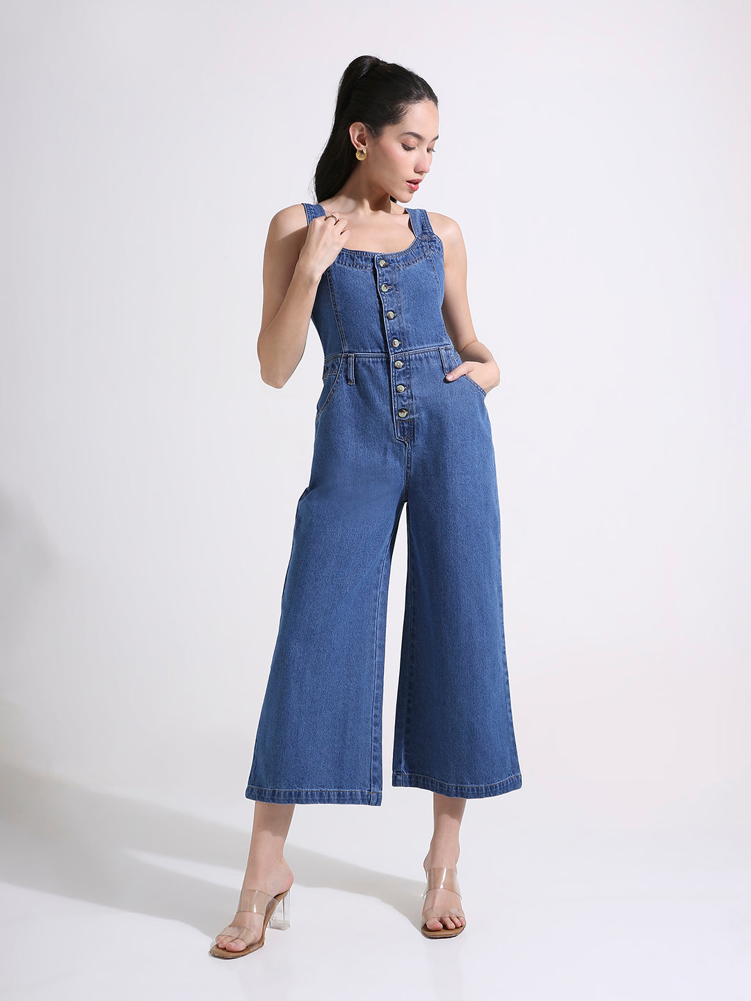 Blue Denim Wide Leg Jumpsuit