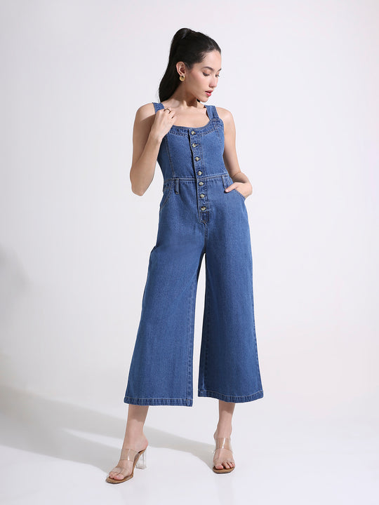 Blue Denim Wide Leg Jumpsuit