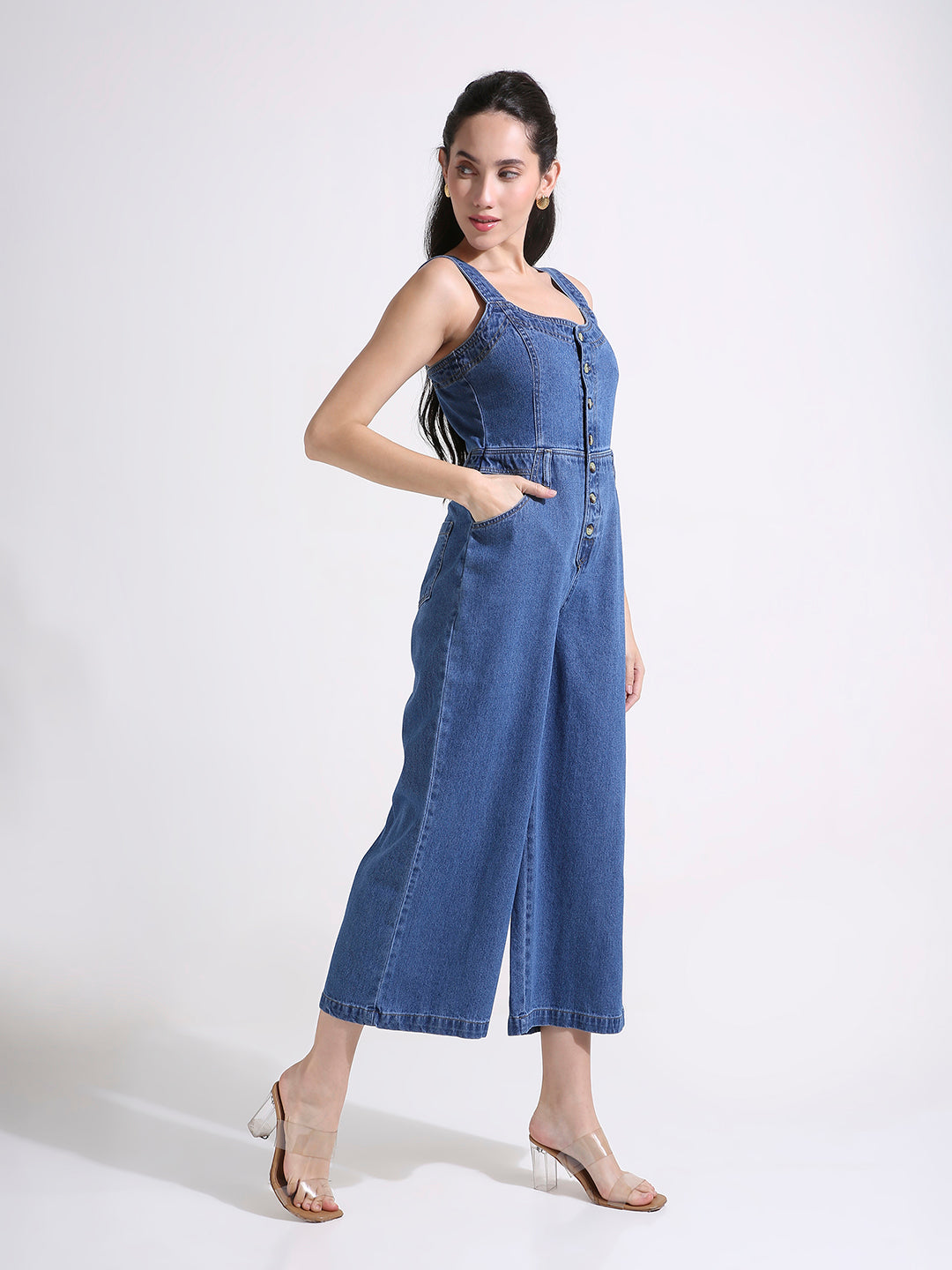 Blue Denim Wide Leg Jumpsuit