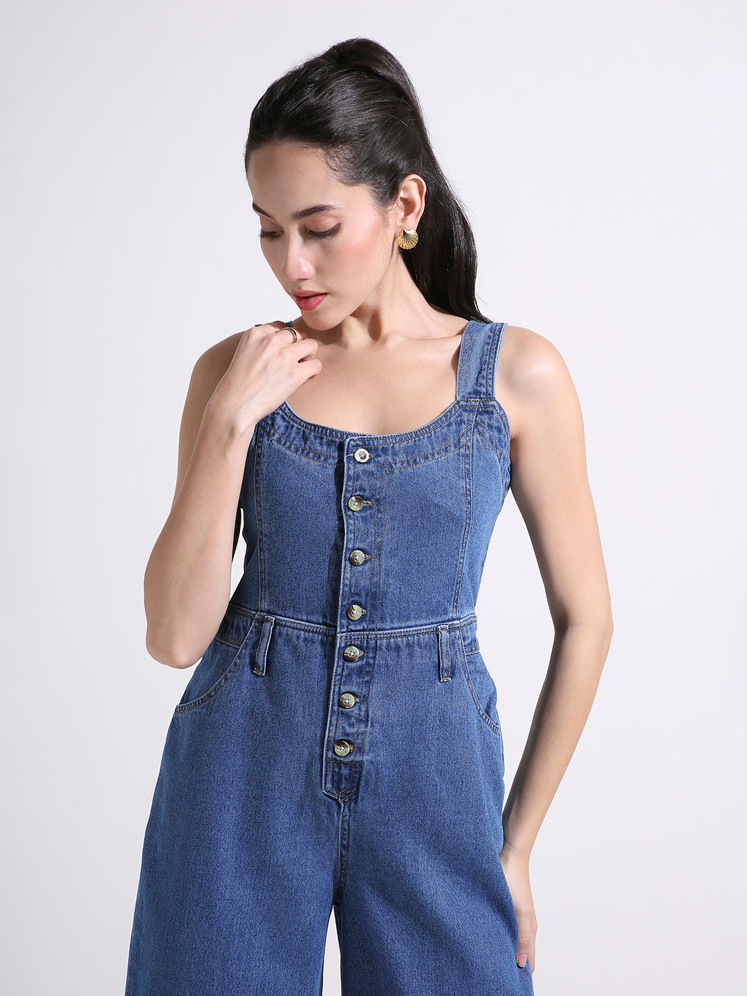 Blue Denim Wide Leg Jumpsuit