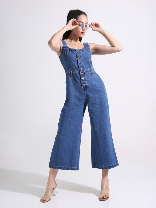 Blue Denim Wide Leg Jumpsuit