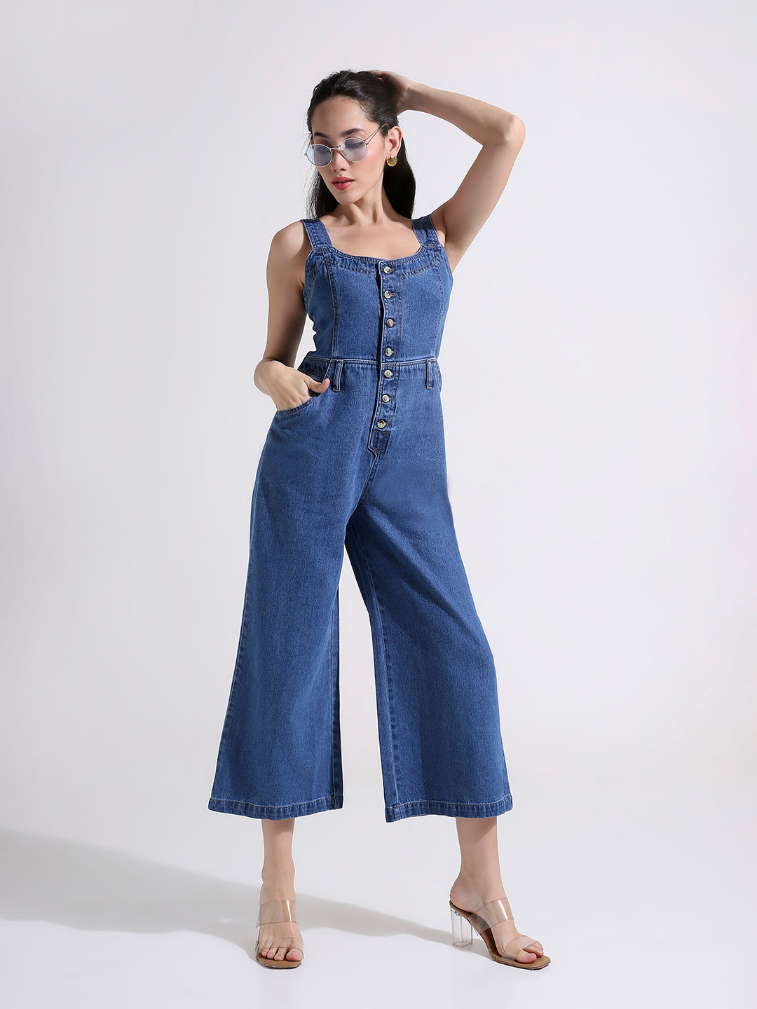 Blue Denim Wide Leg Jumpsuit