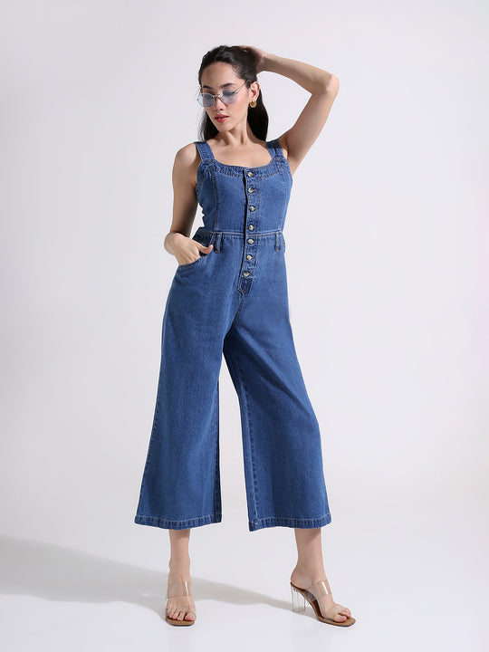 Blue Denim Wide Leg Jumpsuit