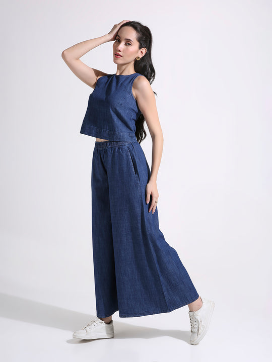 TARAMA Women High Waist Flared in Solid Denim