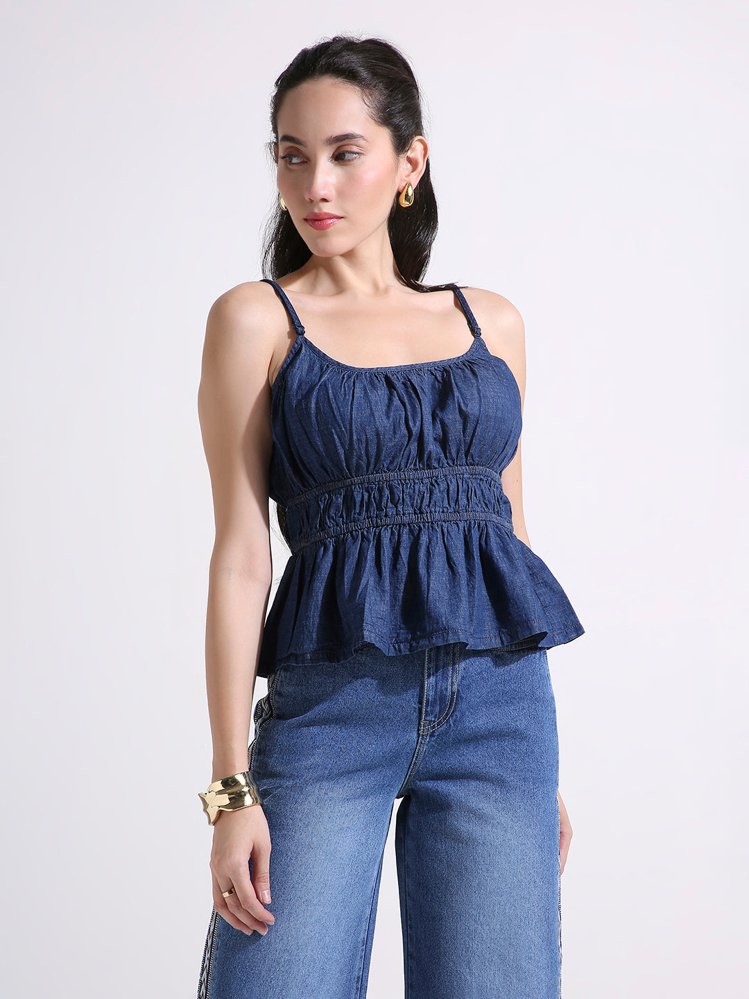 Denim Peplum Cami Top with Smocked Waist & Spaghetti Straps