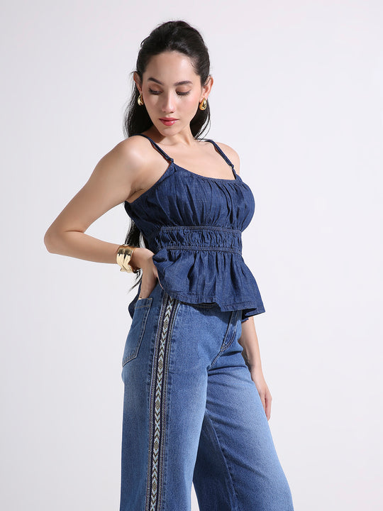 Denim Peplum Cami Top with Smocked Waist & Spaghetti Straps