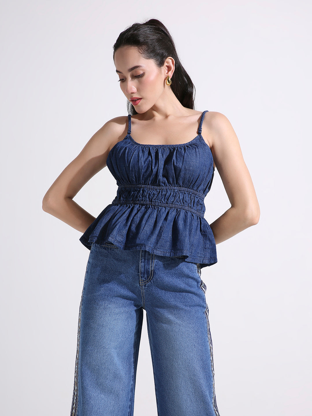 Denim Peplum Cami Top with Smocked Waist & Spaghetti Straps