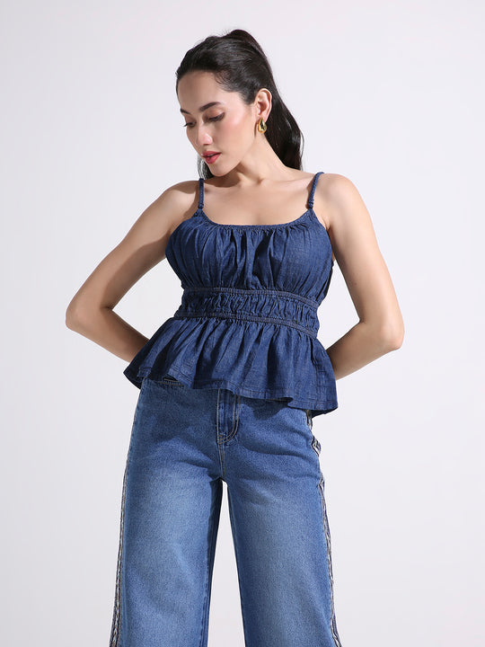 Denim Peplum Cami Top with Smocked Waist & Spaghetti Straps