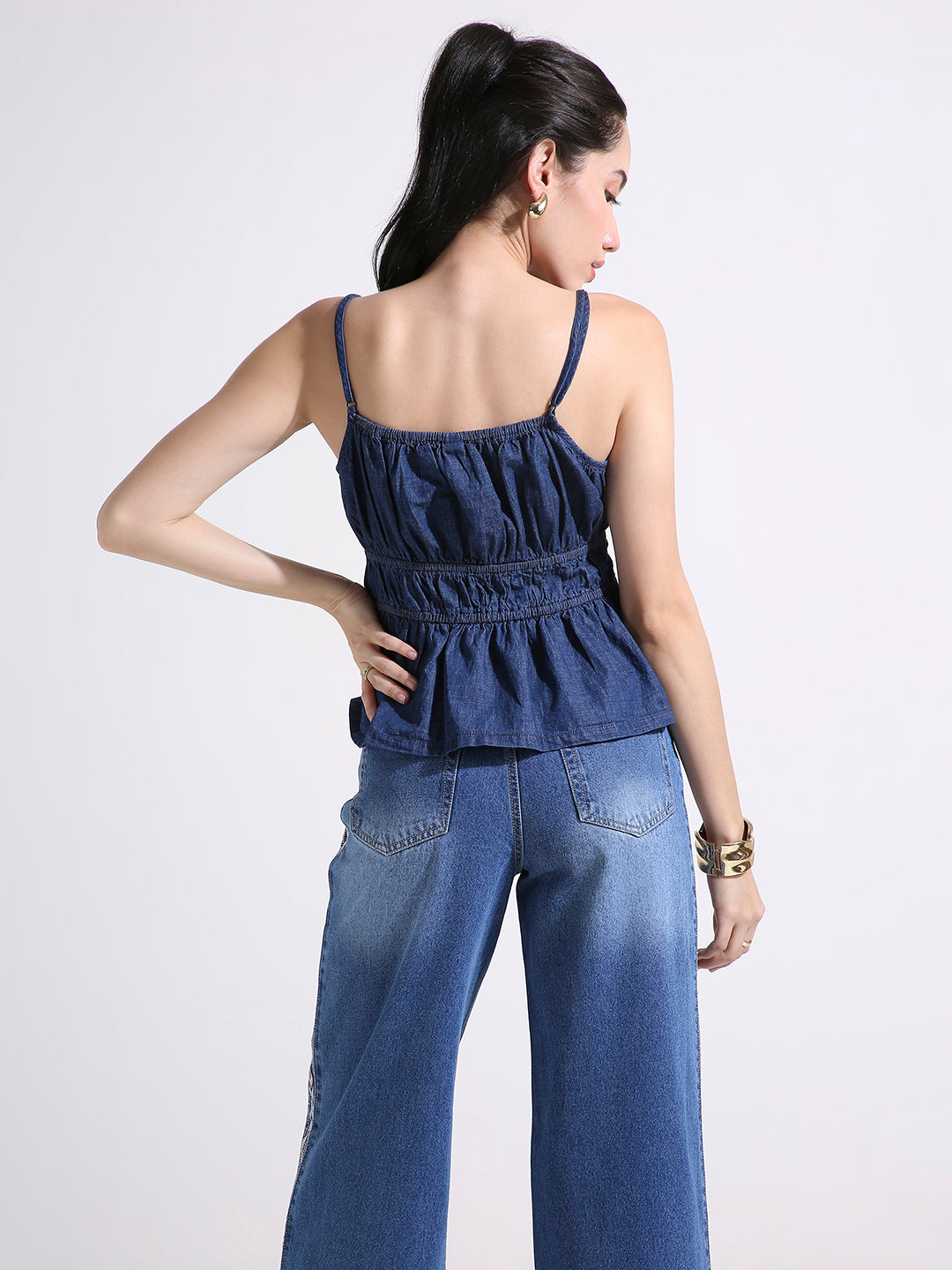 Denim Peplum Cami Top with Smocked Waist & Spaghetti Straps