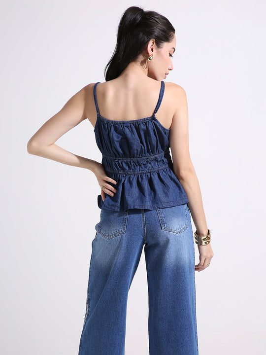 Denim Peplum Cami Top with Smocked Waist & Spaghetti Straps