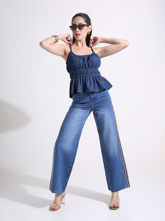 Denim Peplum Cami Top with Smocked Waist & Spaghetti Straps