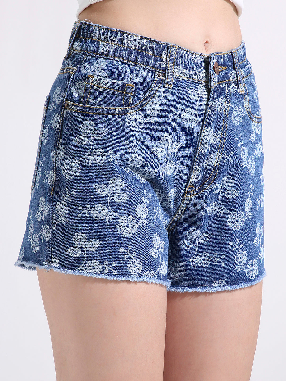 TARAMA Floral Print Denim Shorts