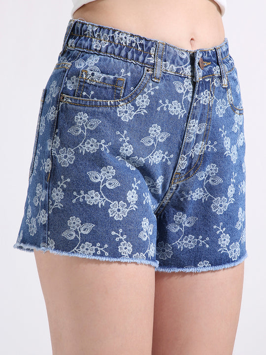 TARAMA Floral Print Denim Shorts