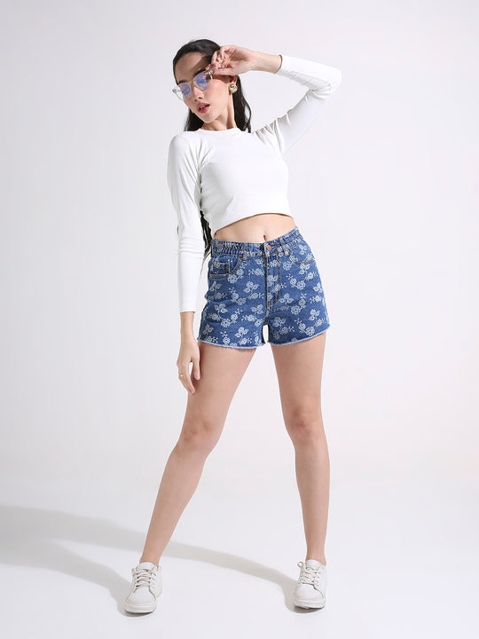 TARAMA Floral Print Denim Shorts