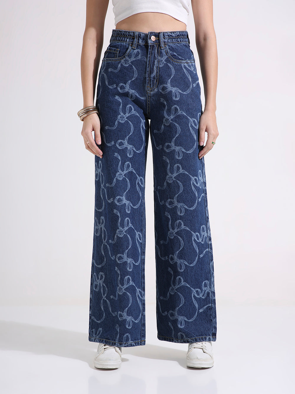 TARAMA High Waist Wide Leg Jeans with laser Engraved Print