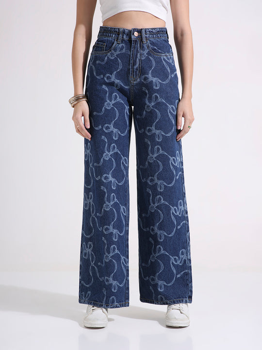 TARAMA High Waist Wide Leg Jeans with laser Engraved Print