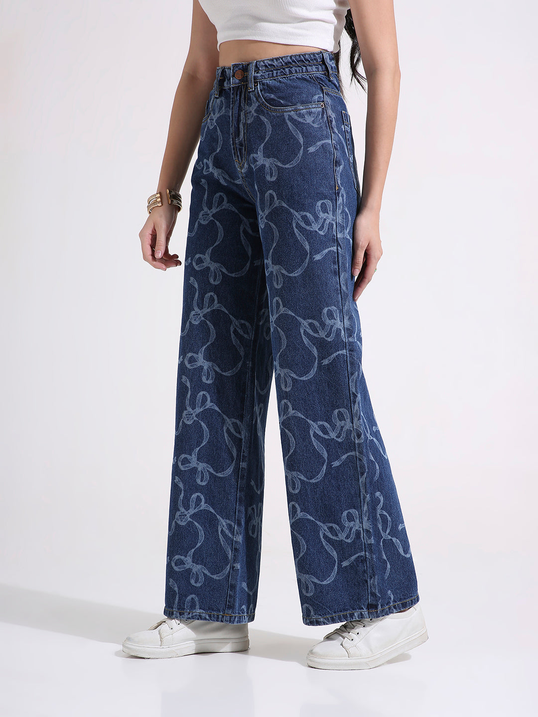 TARAMA High Waist Wide Leg Jeans with laser Engraved Print