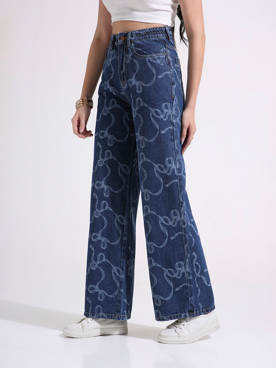 TARAMA High Waist Wide Leg Jeans with laser Engraved Print