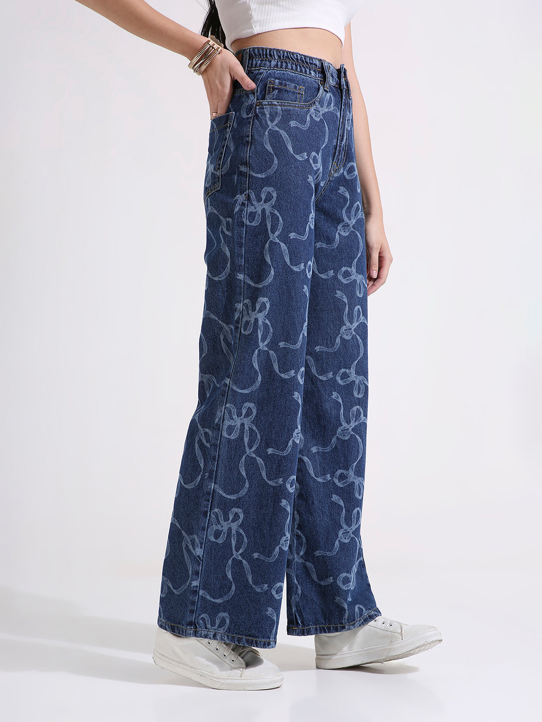 TARAMA High Waist Wide Leg Jeans with laser Engraved Print