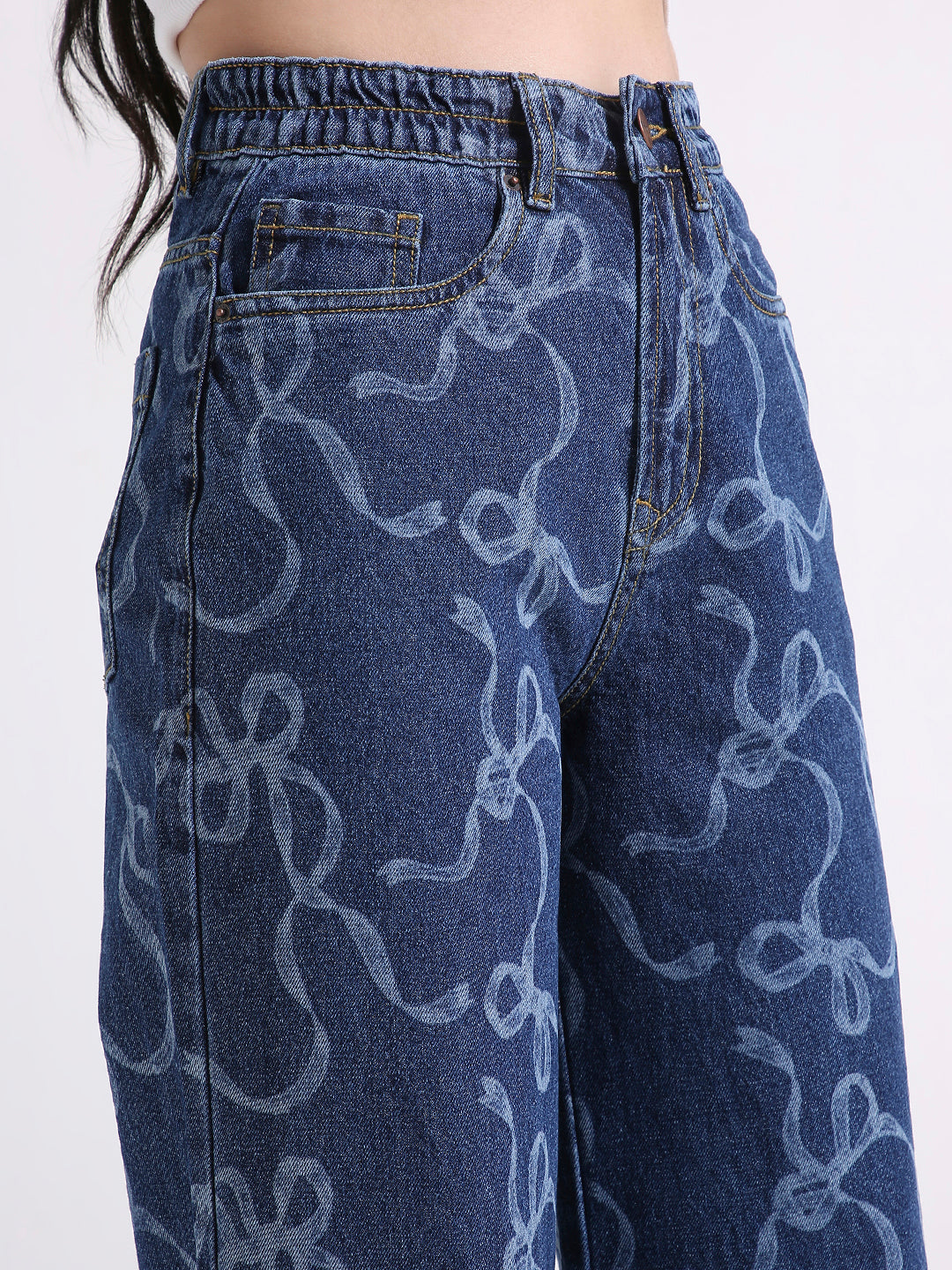 TARAMA High Waist Wide Leg Jeans with laser Engraved Print