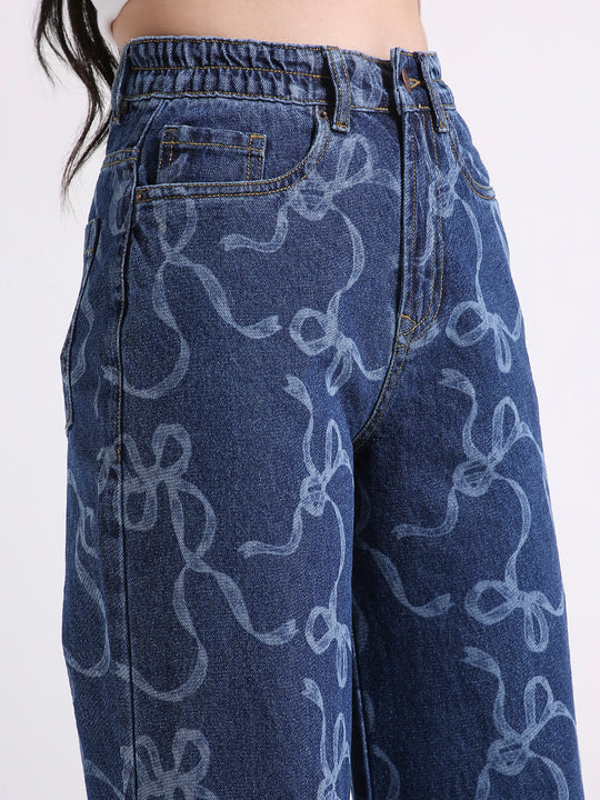 TARAMA High Waist Wide Leg Jeans with laser Engraved Print