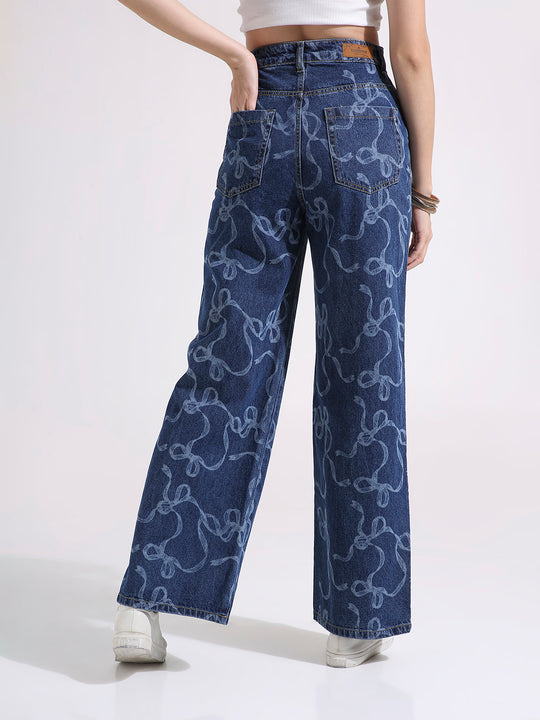 TARAMA High Waist Wide Leg Jeans with laser Engraved Print