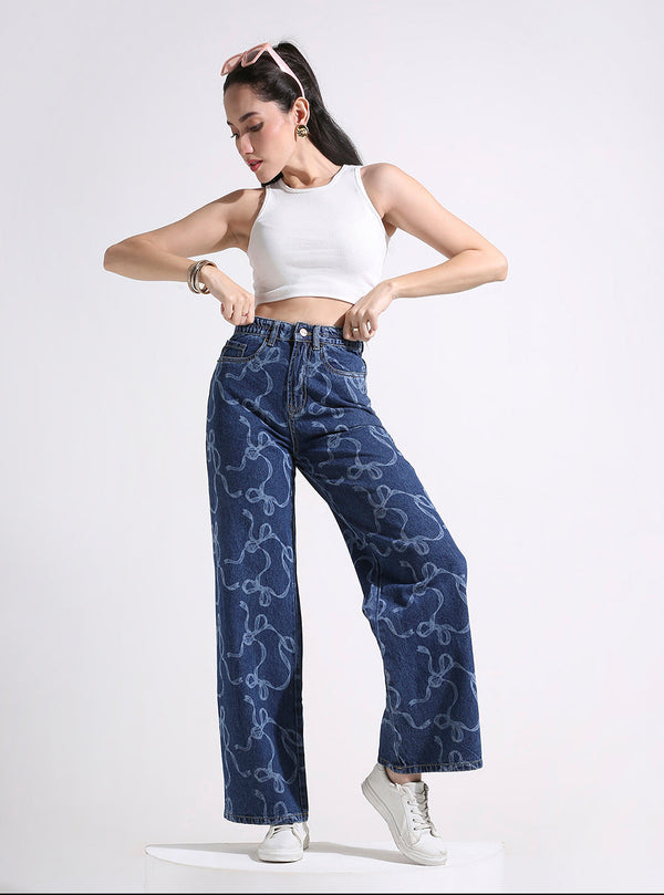 TARAMA High Waist Wide Leg Jeans with laser Engraved Print