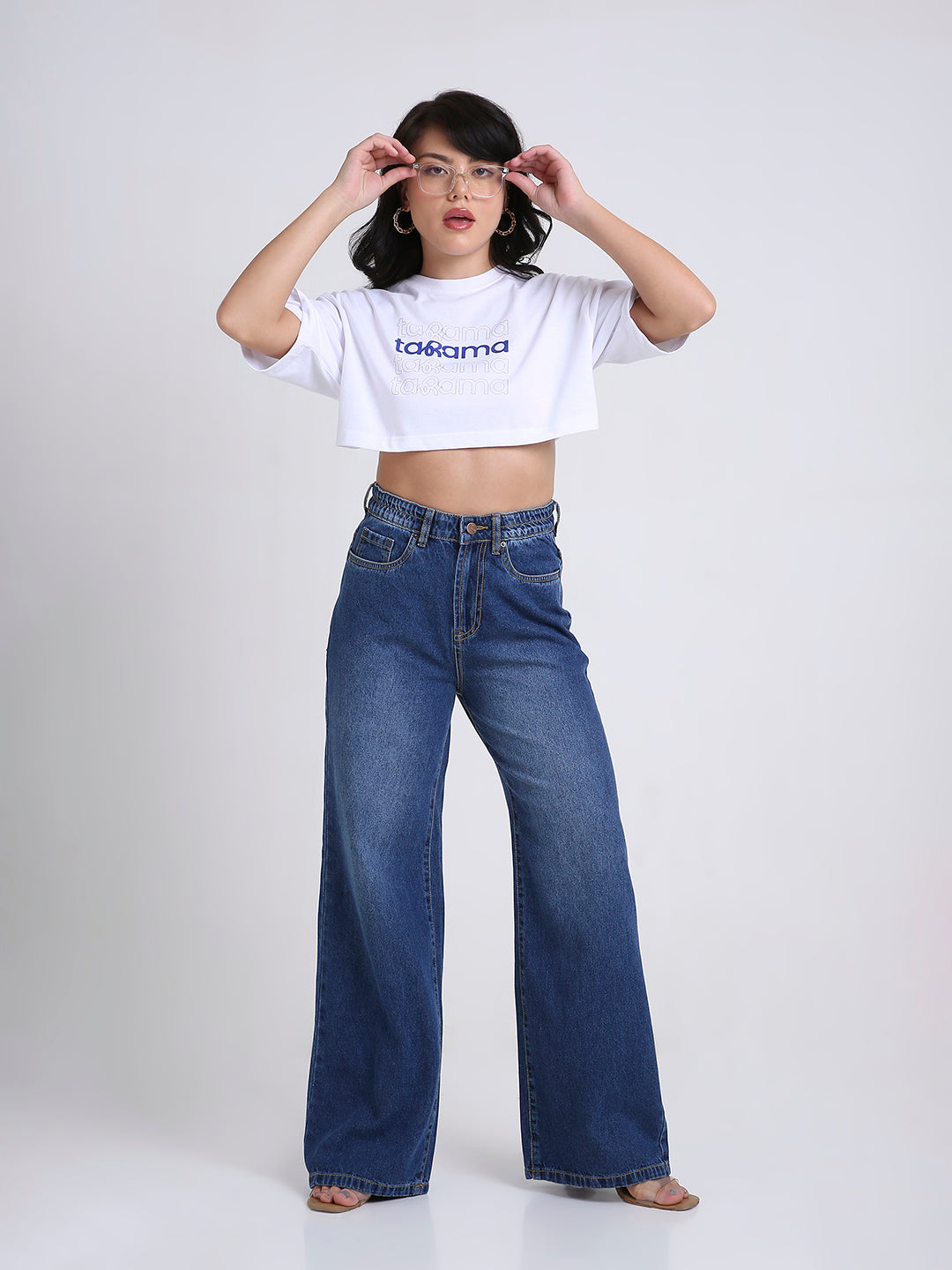 TARAMA Women Wide Leg High-Rise Dark Blue Jeans