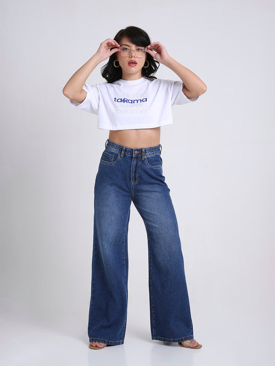 TARAMA Women Wide Leg High-Rise Dark Blue Jeans