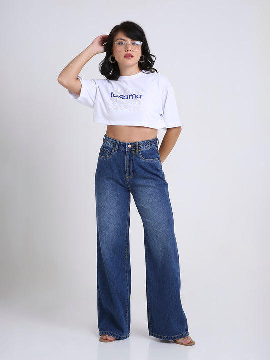 TARAMA Women Wide Leg High-Rise Dark Blue Jeans