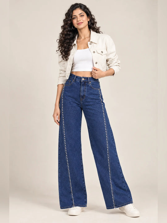 Women’s Blue Wide-Leg Rhinestone Detail Jeans
