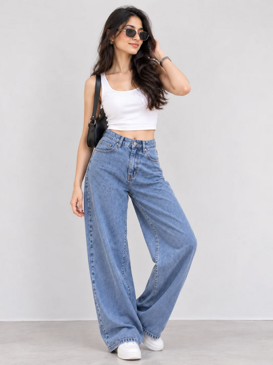 Wide Leg High-Rise Basic Light Blue Jeans