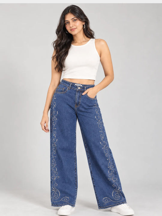 Women High-Rise Rhinestone Embellished Wide-Leg Jeans